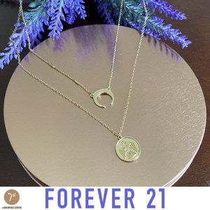 NWT Forever 21 Crescent Moon Gold Coin Necklace Boho Astrology Layered Chain